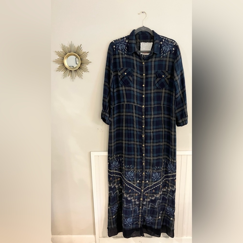 VGUC Johnny Was 3J Workshop Embroidered Blue Plaid Long Sleeve Dress/Duster